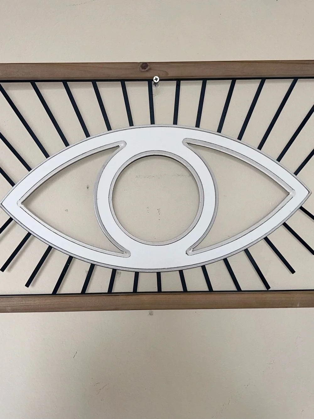 Custom made White Eye Wall Decor with Black Accents and Natural Wood Frame